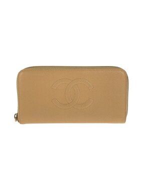 Chanel CC Logo Beige Gold Caviar Leather Wallet Zip Around
